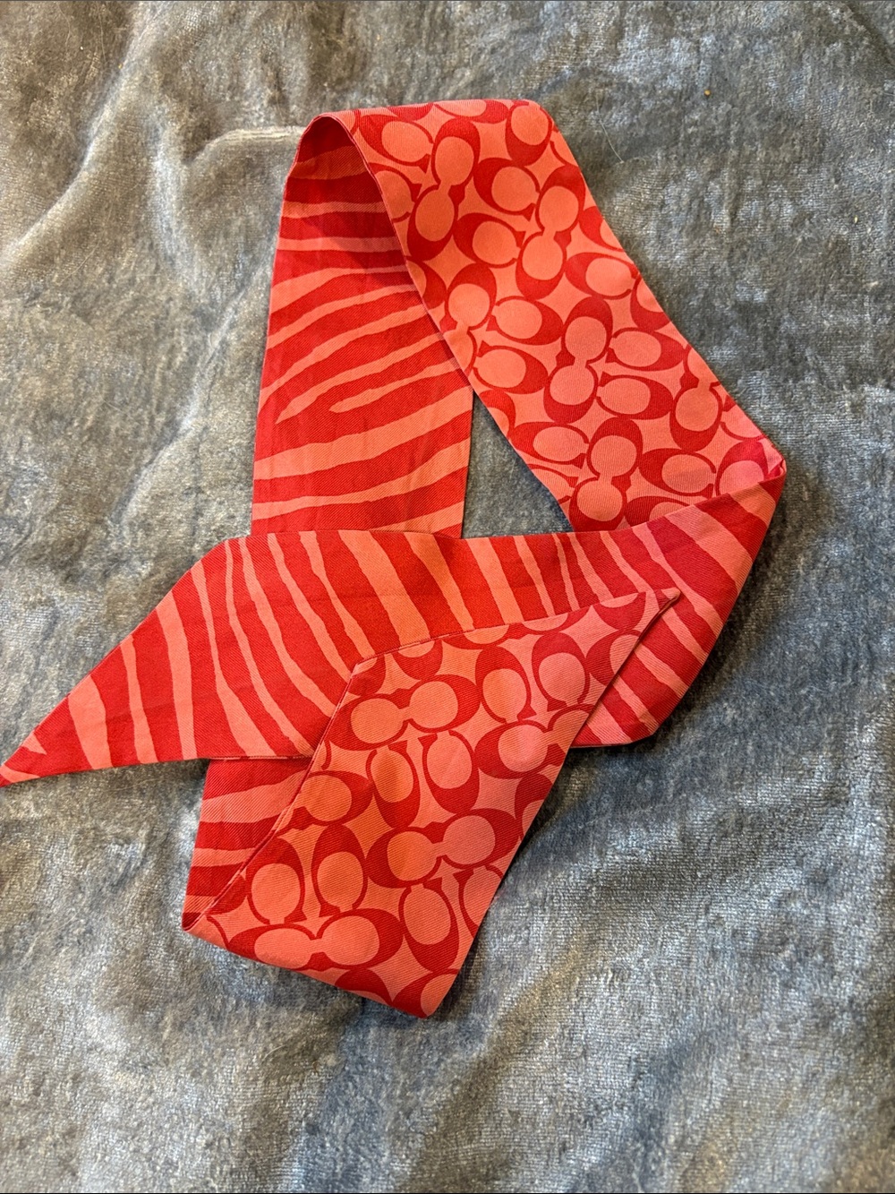 Coach Red & Pink Signature & Zebra Print Silk Scarf Twilly - Picture 3 of 3